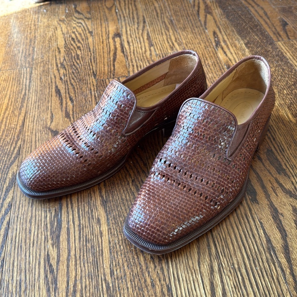 Brown Woven Leather Slip-On Loafers
